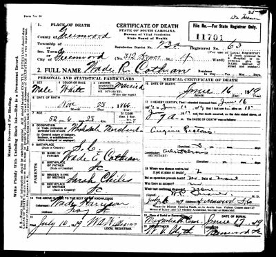Wade R Cothran Death Certificate